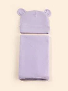 帽子和湯布毯套裝,舒適的卡通耳朵造型新生兒帽子和包裝毯 - 紫色 - 查看 1