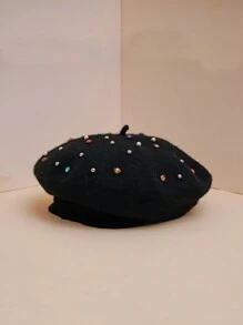 1pc Unisex Y2k Style Colorful Rhinestone Beret Cap Suitable For Outdoor Leisure, Daily Commute, And Versatile Fashion, Coffee Color - Coffee Brown - View 1