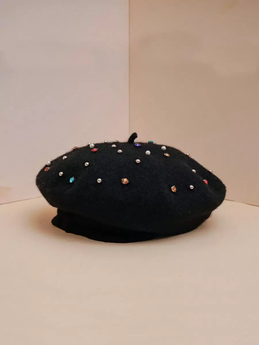 1pc Unisex Y2k Style Colorful Rhinestone Beret Cap Suitable For Outdoor Leisure, Daily Commute, And Versatile Fashion, Coffee Color - Coffee Brown - View 1