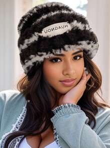 1 Pezzo Cappello In Maglia A Righe Oversize In Pelliccia Di Coniglio Per Donna, Caldo Beanie Invernale Per Uso Quotidiano