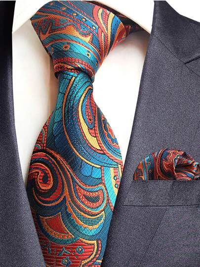 1pc Men's 8cm Patterned Necktie With Pocket Square Set, Wedding Party Groom Ties Work Men Necktie