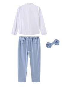 KIMOCAT 青少年男童純色襯衫和褲子紳士正裝套裝適合婚禮、派對 - 淺藍色 - 查看 2