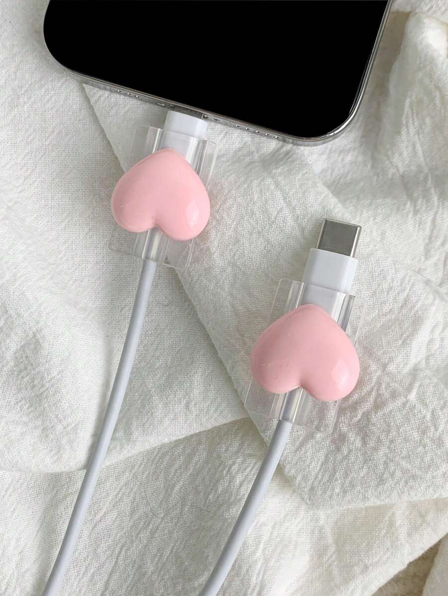 مجموعة من قطعتين واقيات شحن من كابل USB بشكل قلب ثلاثي الأبعاد - وردي فاتح - مشاهدة 1