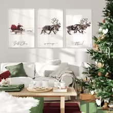 A Set Of 3 High Definition Canvas Printed, Santa Claus Animal & Deer Pattern, Modern Nordic Style Festive Decorative Art Suitable For Living Room, Sofa Backdrop, Bedroom, Foyer, Unframed Artwork Replacement - Beige - View 1