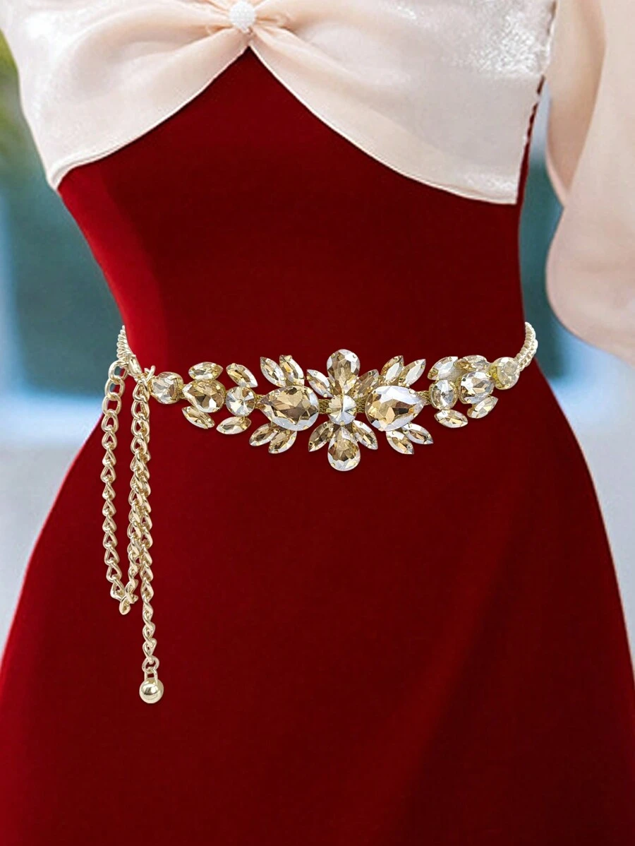 1件装女士链条腰带，镶嵌水钻，金色腰带，适合派对、圣诞节、夏季、上学、秋季、万圣节等场合。 - 金色 - 查看 1