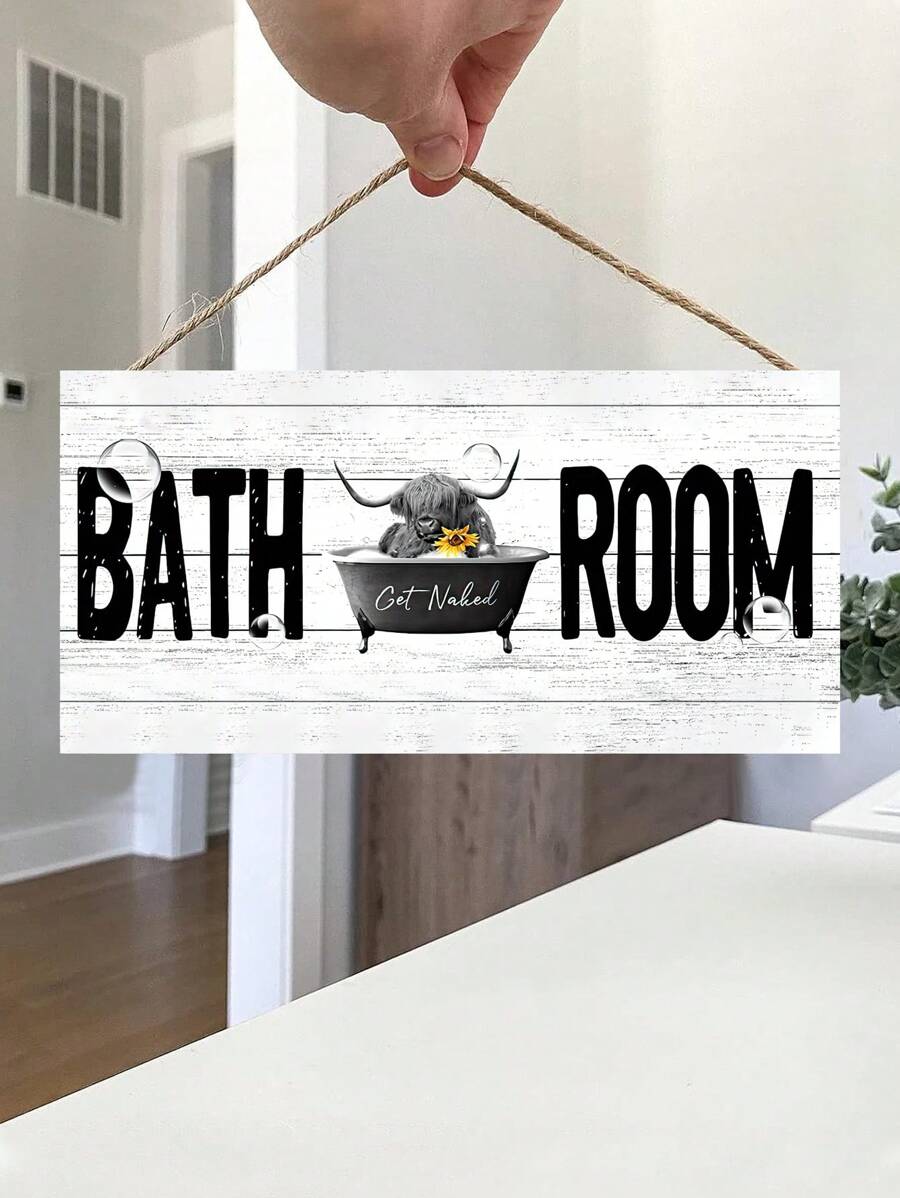 1 pieza Señal de baño divertida con girasol y vaca de las Tierras Altas bañándose en la bañera, placa colgante de madera para decoración, disponible en 6 x 12/4 x 8 pulgadas, decoración del hogar, decoración de la habitación, decoración de pared