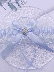 內衣婚禮配件公主風格新娘吊襪帶蕾絲和蝴蝶結,大腿圍適合 15-23 英寸 - 藍色 - 查看 2