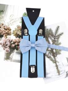 ZLQ&GOU 1 套男士深綠色 Y 形彈力背帶和領結套裝(不含紙板) - 藍色 - 查看 3
