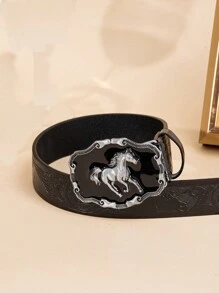 1根印花黑色帶扣皮帶,適合男女款,適合日常穿著,西部牛仔風格,適用於牛仔褲和其他休閒服裝 - 黑色 - 查看 2