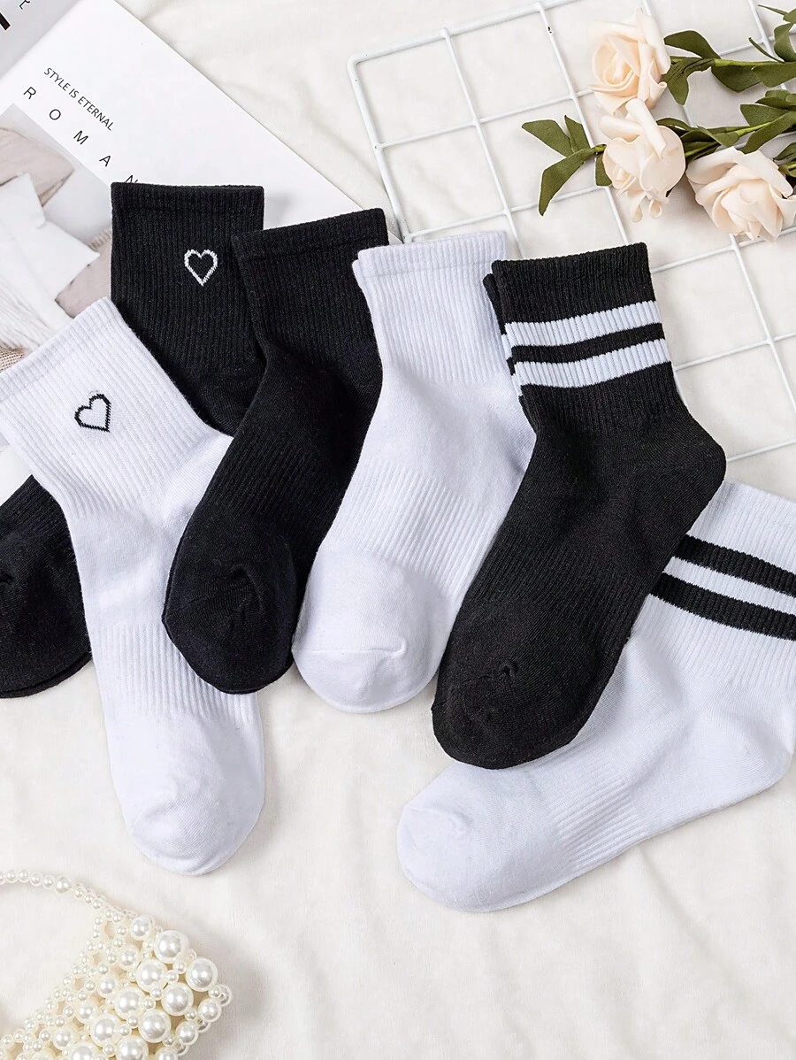 6雙不分男女運動風中筒襪 - 黑與白 - 查看 1