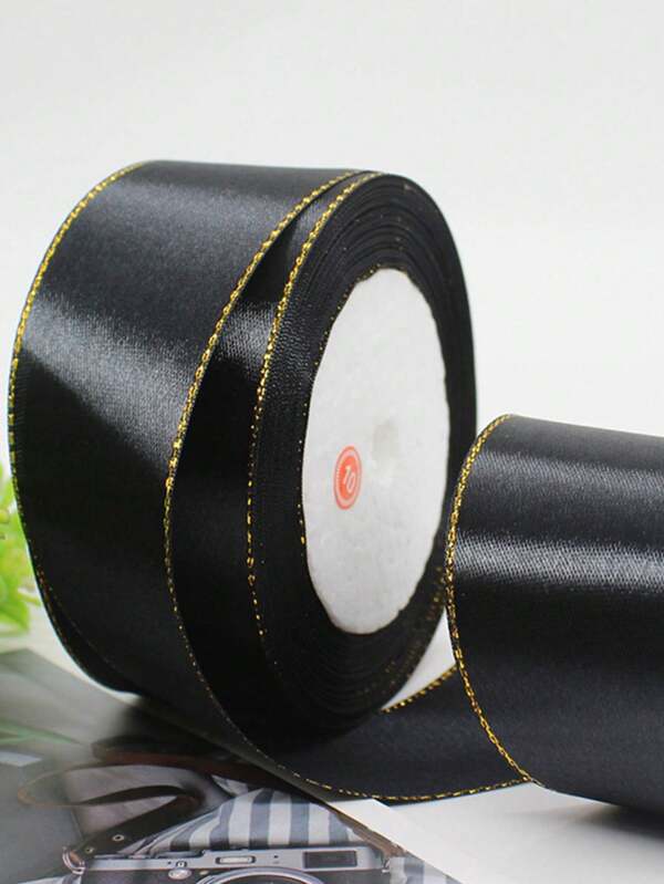 1 rolă panglică de mătase cu margini aurii față-verso 0,6 cm/4 cm, panglică de satin cu funde pentru decor, ambalaje cadou, accesorii florale DIY, 1 rolă