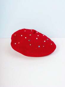 1pc Unisex Y2k Style Colorful Rhinestone Beret Cap Suitable For Outdoor Leisure, Daily Commute, And Versatile Fashion, Coffee Color - Coffee Brown - View 4