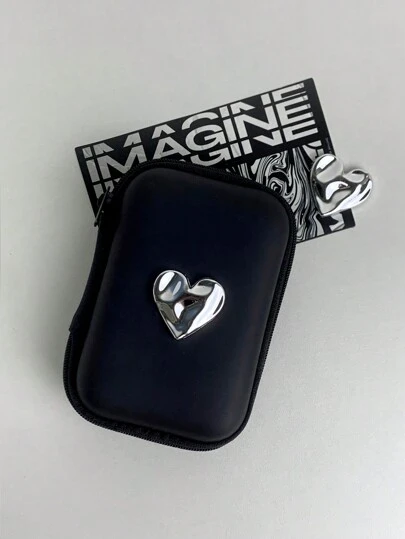 1pc Electroplated Heart Shaped Eva Storage Bag For Charger, Earphone Cable Organizer