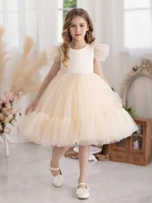 Đầm voan màu mơ cho bé gái, đầm công chúa thích hợp cho tiệc sinh nhật, đám cưới, cuộc thi sắc đẹp, lễ tốt nghiệp, trình diễn thời trang. - Màu be - Xem 2