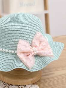1 Set Princess Style Hat For Girls, Summer Edition, Pearl Flower & Bowknot Design, Sun-Proof, Suitable For Beach Trips And Daily Outings. - Green - View 2