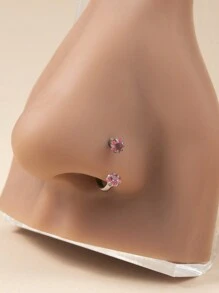 1件时尚迷人简约可爱精致优雅不锈钢立方氧化锆圆形鼻环，适合女性和女孩日常、夜店、派对、生日礼物 - 玫紅色 - 查看 5