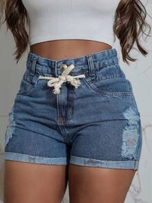 Women Denim Shorts - 中等水洗藍 - 查看 5
