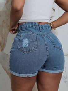 Women Denim Shorts - 中等水洗藍 - 查看 6