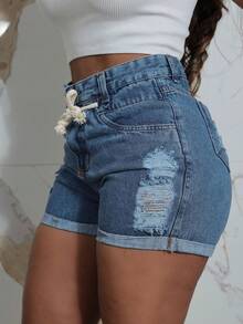 Women Denim Shorts - 中等水洗藍 - 查看 3