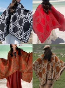 Women's Metallic Thread Open Front Split Shawl, All Seasons - Black and White - View 1