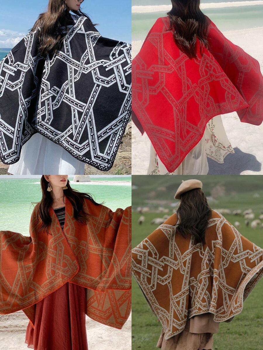 Women's Metallic Thread Open Front Split Shawl, All Seasons - Black and White - View 1