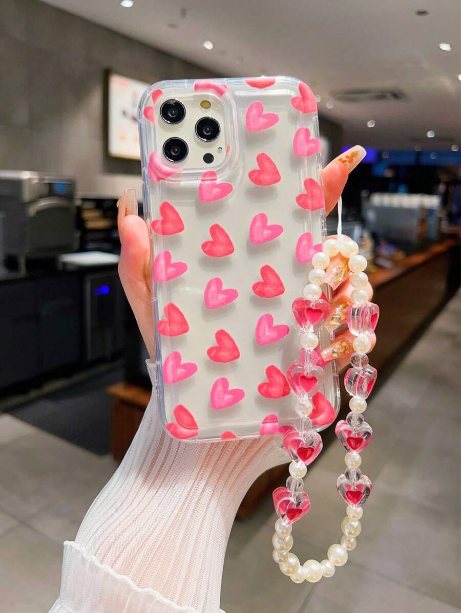 1 Túi Khí Toàn Màn Hình Hình Trái Tim Màu Hồng, Vỏ Điện Thoại Bảo Vệ Chống Rơi Có Dây Buộc Hình Trái Tim, Tương Thích Với IPhone, Bảo Vệ Đa Năng Cho Điện Thoại Nam Và Nữ - Màu Hồng Tươi - Xem 1