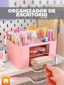 Organizador de escritorio multifuncional con cajon y 6 compartimentos - Azul - Ver 1
