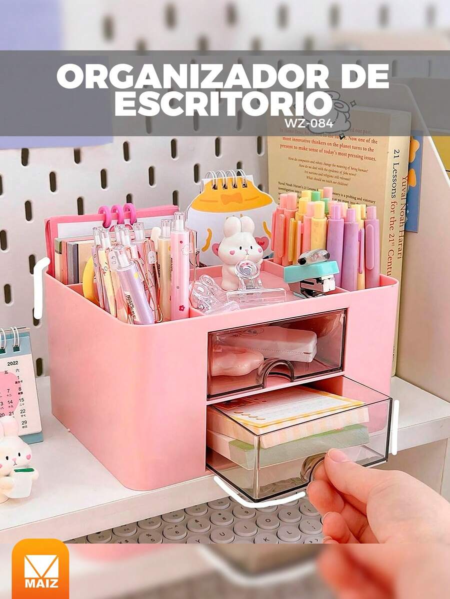 Organizador de escritorio multifuncional con cajon y 6 compartimentos - Azul - Ver 1