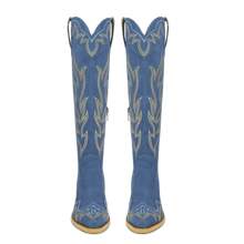 ISNOM Knee High Cowboy Cowgirl Boots For Women, With Unique Embroidery, Side Zipper And Chunky Heel Design - 藍色 - 查看 4