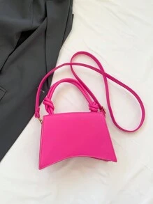 Solid Color Simple Asymmetrical Bag With Twist Knot Decor Flap Top Handbag Crossbody Bag - Hot Pink - View 4