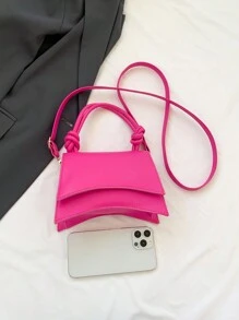 Solid Color Simple Asymmetrical Bag With Twist Knot Decor Flap Top Handbag Crossbody Bag - Hot Pink - View 3