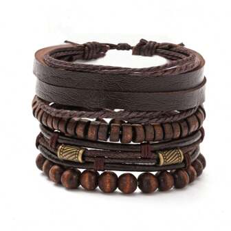 4pcs/set Retro Stylish Multilayer Wooden Beaded Men's Bracelet