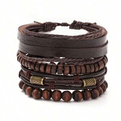 4pcs/set Retro Stylish Multilayer Wooden Beaded Men's Bracelet