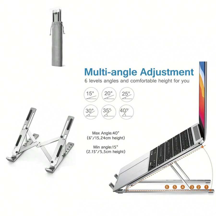 1 Giá đỡ máy tính xách tay di động bằng nhôm, kim loại nâng cấp - Có thể điều chỉnh 6 vị trí, chắc chắn hơn và không bị rung, Đế làm mát nâng gấp, 6,1 inch * 9,25 inch tương thích với mọi kích cỡ máy tính xách tay - Bạc - Xem 1