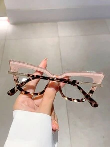 1 件女士多色水钻装饰镜框猫眼风格无度数眼镜适合日常佩戴 - 卡其色 - 查看 2
