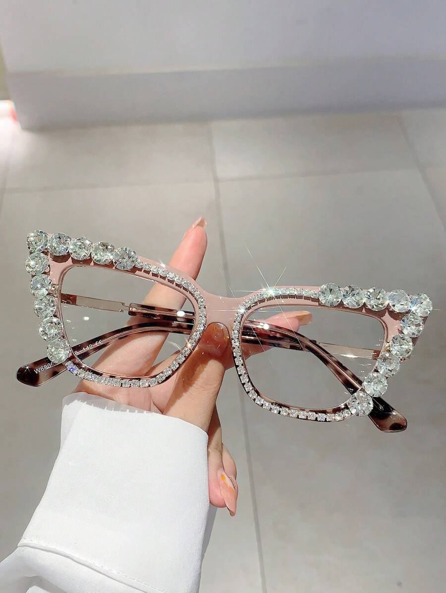 1 件女士多色水钻装饰镜框猫眼风格无度数眼镜适合日常佩戴 - 卡其色 - 查看 1