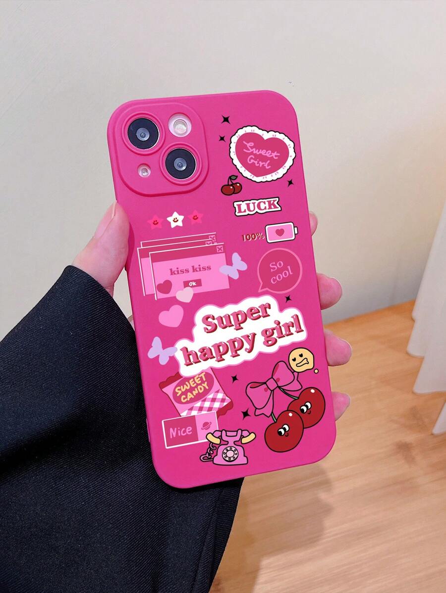 1 PC màu hồng Cherry Window & Graffiti Sweet Cool Girl Matte Soft Case Tương thích với iPhone - Nhiều màu - Xem 1