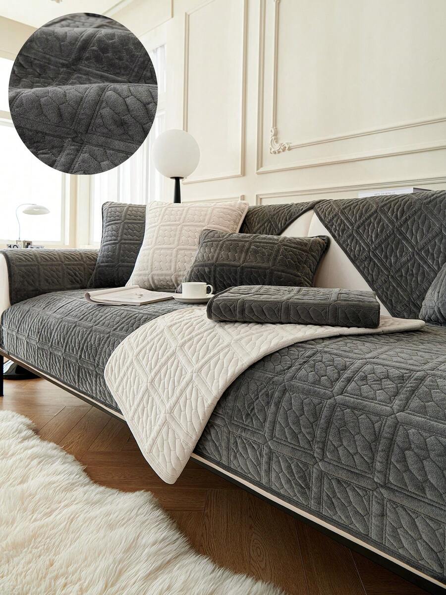 1pc Plush All Seasons Universal Sofa Cushion, Modern Style Anti-slip Sofa Mat For Living Room, Suitable For L-shaped Sofas And 1/2/3/4 Seaters - Dark Grey - View 1