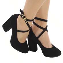 Sapato Feminino Boneca Preto Nobuck Salto Alto Bloco ER355