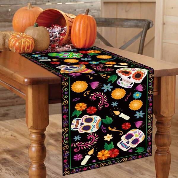 1pc Table Runner, Skull Printed Tablecloth 13*72 Inches, Dust-Proof Cover For Dining Table, Coffee Table, Festival Decoration, Room Decoration