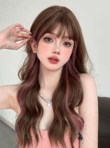 【韓式微波浪大波浪粉色高光】女長捲髮假髮 - 紫紅色 - 查看 2