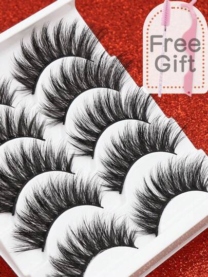 5 对俄罗斯条状睫毛蓬松水貂睫毛 3D 假睫毛俄罗斯卷睫毛假睫毛戏剧性凌乱水貂睫毛纤长狐狸眼提升造型睫毛延长套装全睫毛条，延长和丰盈眼角美容化妆