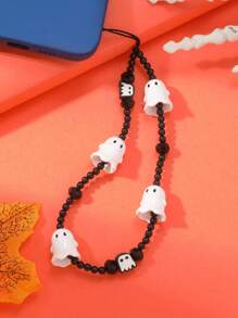 Cordón De Teléfono Con Cuentas Para Mujer, Estilo Halloween, Bricolaje, Con Cuentas Negras Y Colgante De Fantasma Blanco, 1 Ud.