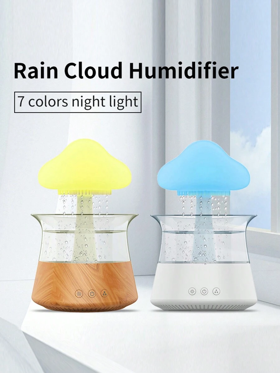 1入組 USB 供電 LED 七色夜光雲雨加濕器蘑菇形香薰機,模擬雨滴聲音,適合家庭或辦公室使用 - 白色 - 查看 1