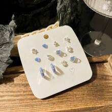 6 Pairs/set Crystal Heart & Butterfly Design Stud Earrings For Women For Party or Daily - Baby Blue - View 1