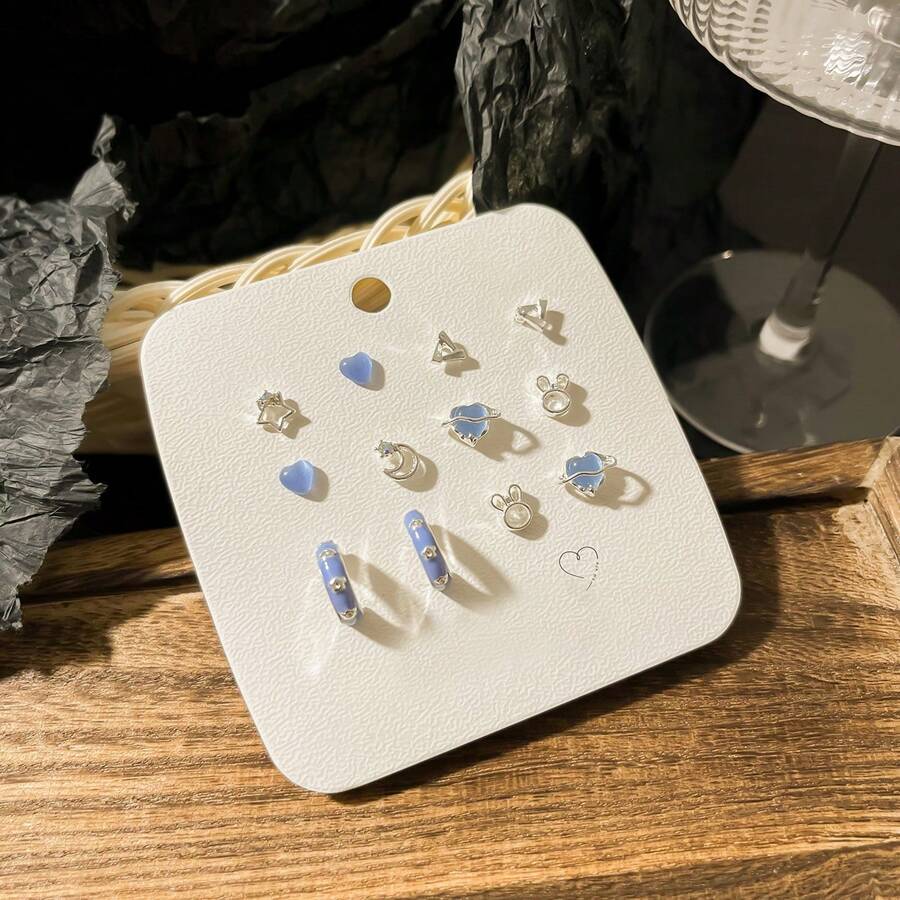 6 Pairs/set Crystal Heart & Butterfly Design Stud Earrings For Women For Party or Daily - Baby Blue - View 1