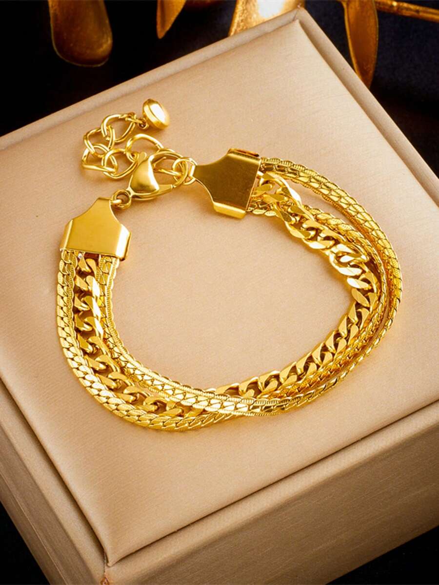 1 Pieza Pulsera De Acero Inoxidable Con Cadena Trenzada De Tres Capas Chapada En Oro Para Decoración - Dorado - Ver 1