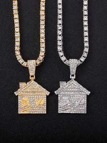 1入組黃色金色新款奢華小房子吊墜冰晶鏈項鍊 Bling Bling 4 毫米網球鏈項圈吊墜時尚珠寶禮物女士男士 - 金黃色 - 查看 4