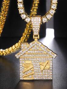 1入組黃色金色新款奢華小房子吊墜冰晶鏈項鍊 Bling Bling 4 毫米網球鏈項圈吊墜時尚珠寶禮物女士男士 - 金黃色 - 查看 2