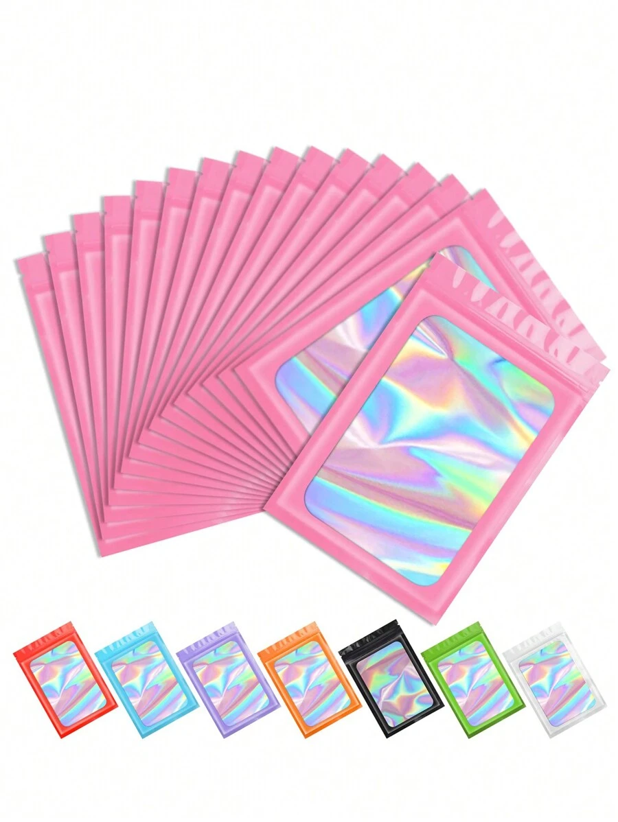 20 个聚酯薄膜全息袋，透明可重新密封防臭铝箔袋包装袋，用于唇彩、珠宝、睫毛和礼品包装，小型企业自封袋（2.75x3.9 英寸）秋季、复活节、圣诞节、情人节 - 粉色 - 查看 1